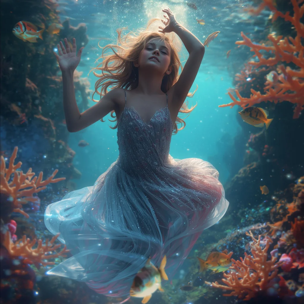 Beautiful Girl Living Coral Reef Sanctuary Ethereal Underwater World | Retro style prompt for Gemini girl Instagram