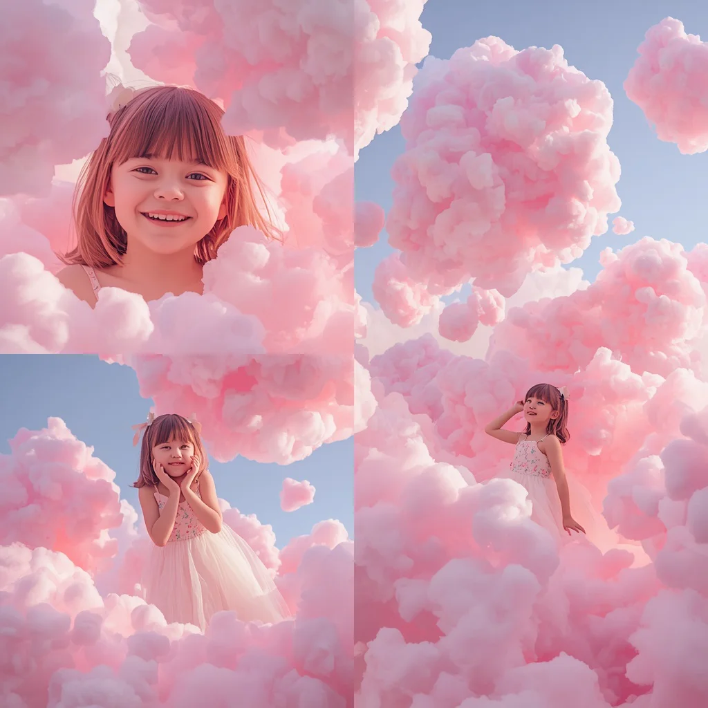 Cute Girl Cotton Candy Cloud Palace Whimsical Floating Fantasy | Trending purple prompt today