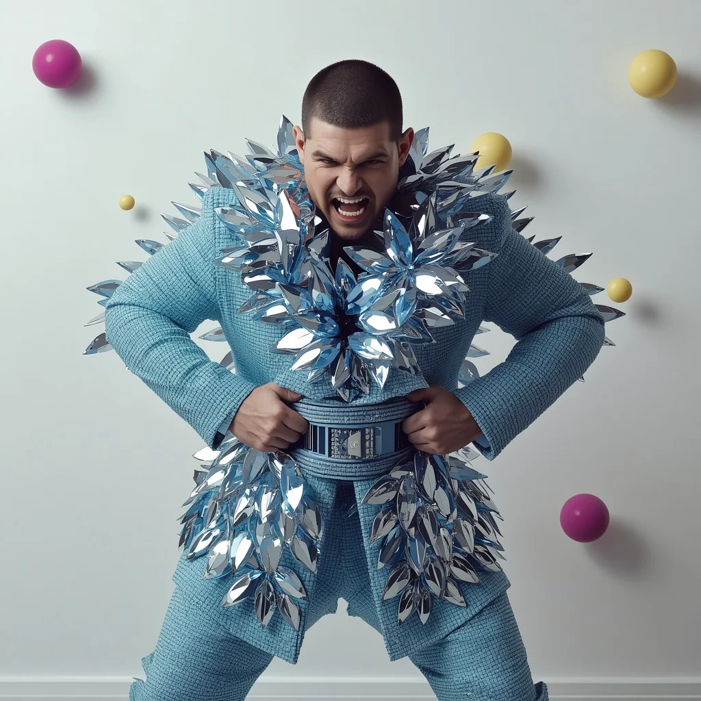 Men's Sapphire Chrome Jacket: Aggressive Fabric Yank Pose | Stylish boy prompt generator — AI image prompt