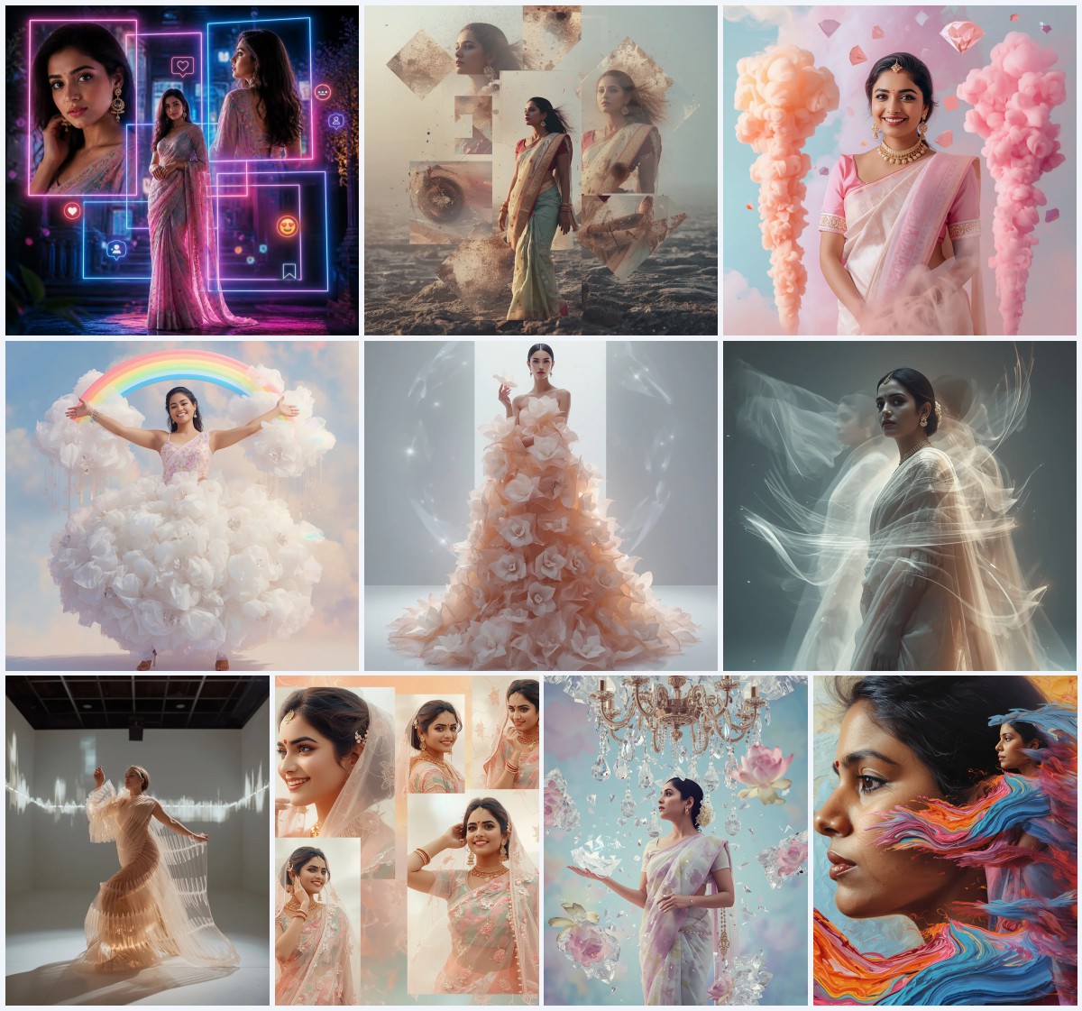 New 10 AI Prompts for Stylish Ombre Saree Designs with Gradient Photography | prompt for traditional look for girl chatgpt instagram
