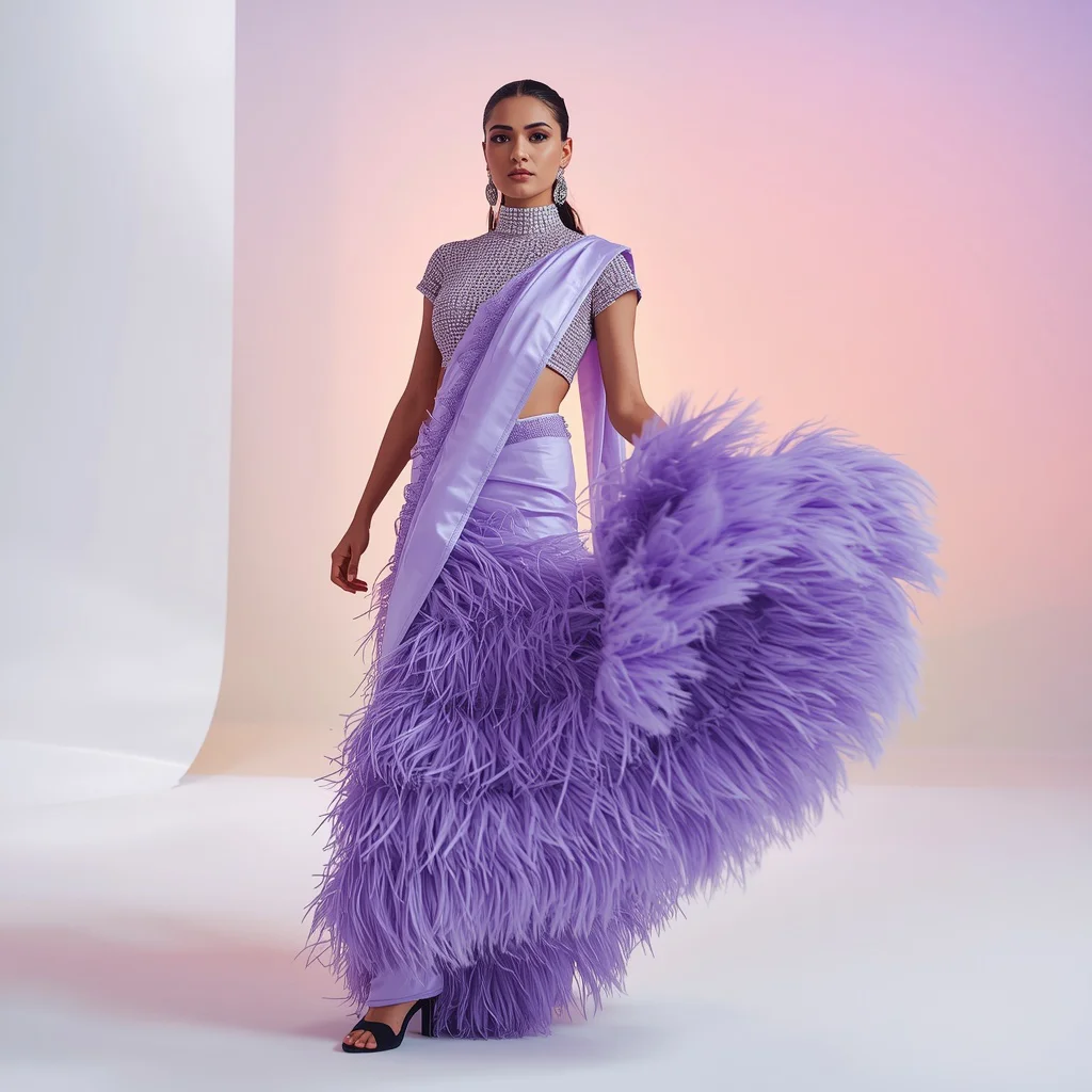 Photorealistic Fashion Portrait of Indian Influencer in Futuristic Saree | gemini girl photo prompt indian style instagram — AI image prompt