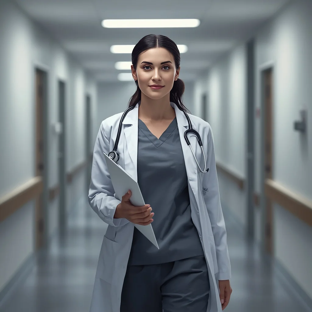 Women Doctor Hospital Corridor Confident Walk Dedicated Care Cinematic Empathy | Prompt for gemini ai girl model instagram