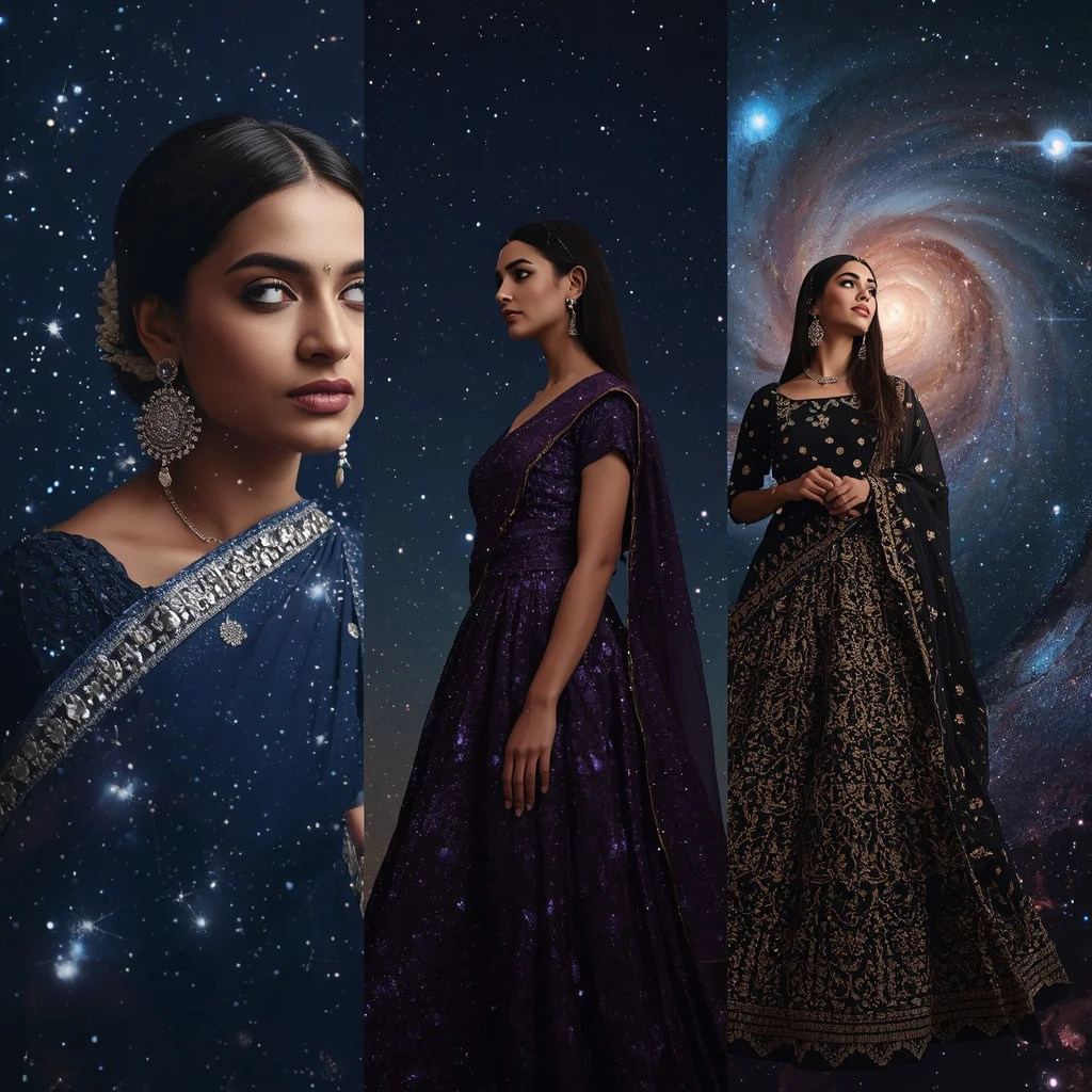 A Celestial Constellation Collage with Sparkling Indian Festive Attire Against Starry Skies — AI image prompt
