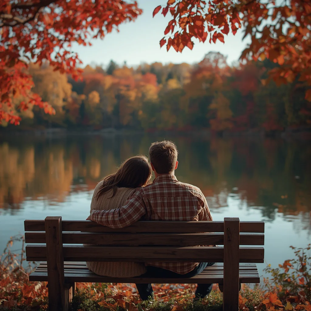 A Couple's Serene Lakeside Retreat in Autumn Colors — AI image prompt