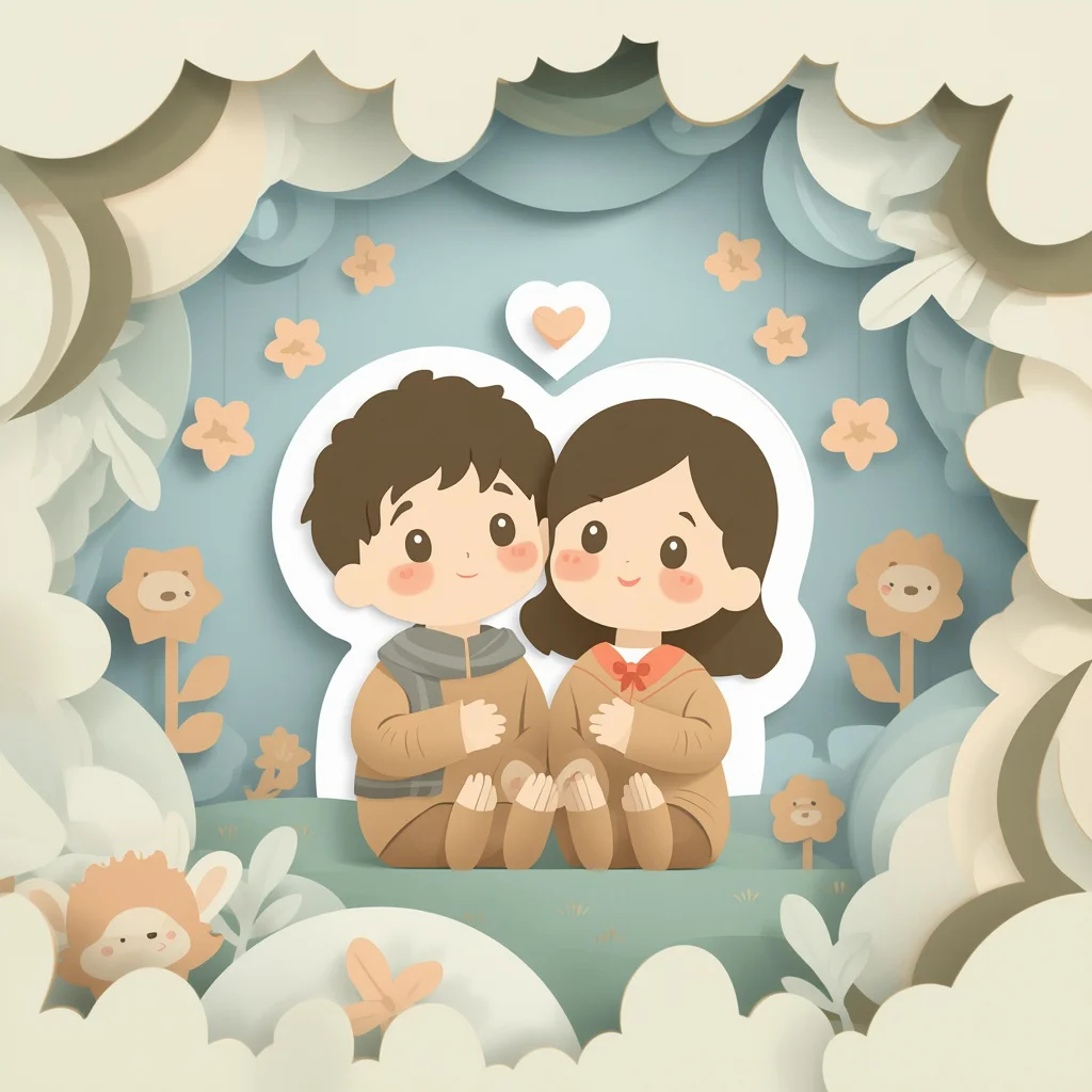 A Cute Couple's Cozy Adventure: Layered Paper-Cut Style — AI image prompt