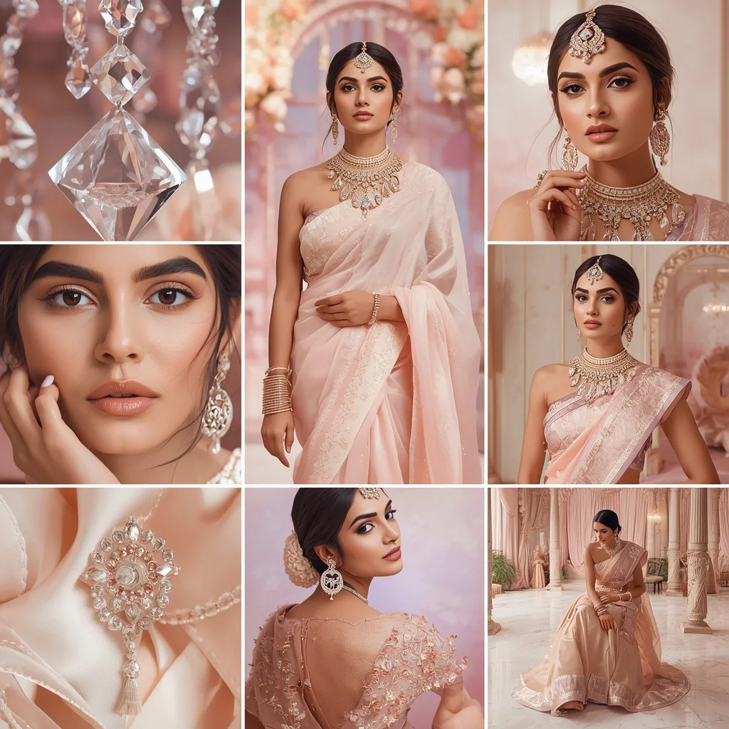 A Glamorous Couture Collage of a Pastel Saree in a Diamond Rosewater Palace Setting — AI image prompt