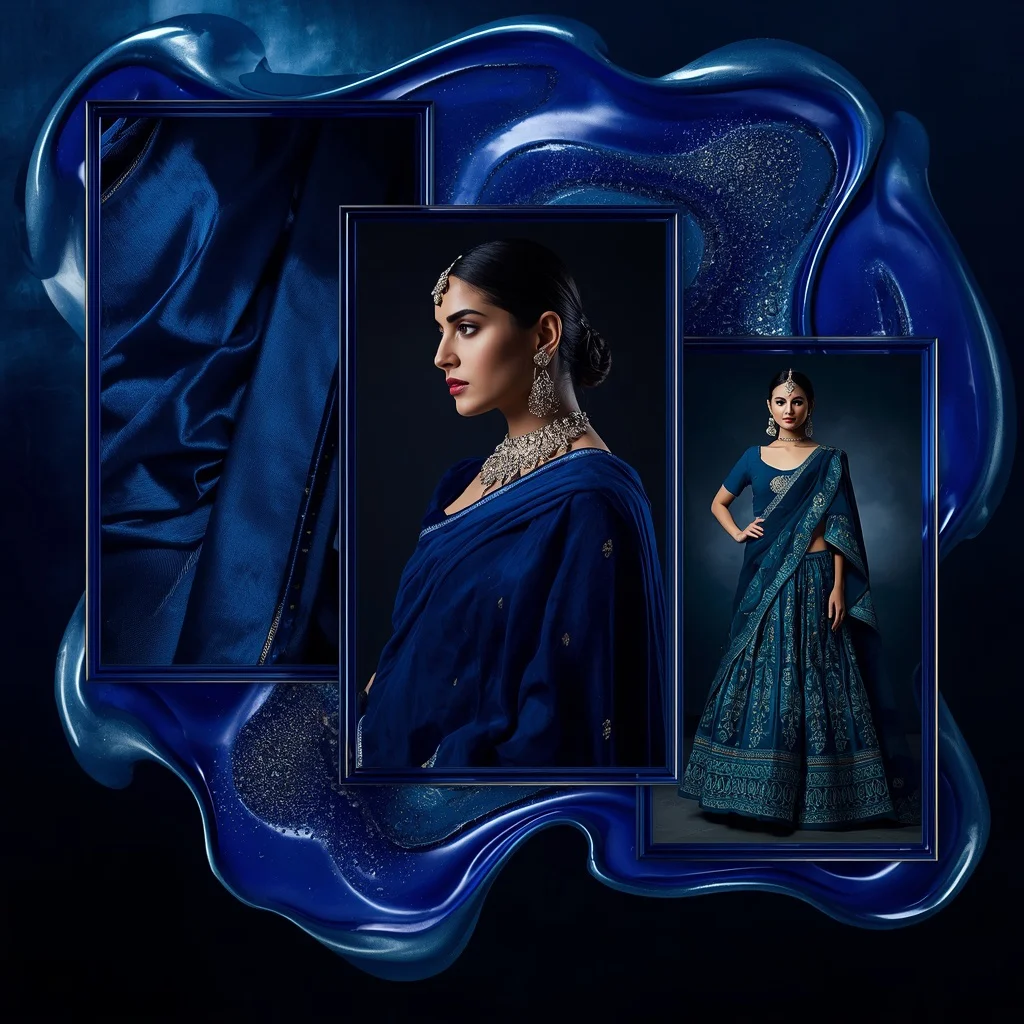 A Liquid Sapphire Frame Collage Emphasizing Deep Blue Indian Festive Elegance — AI image prompt
