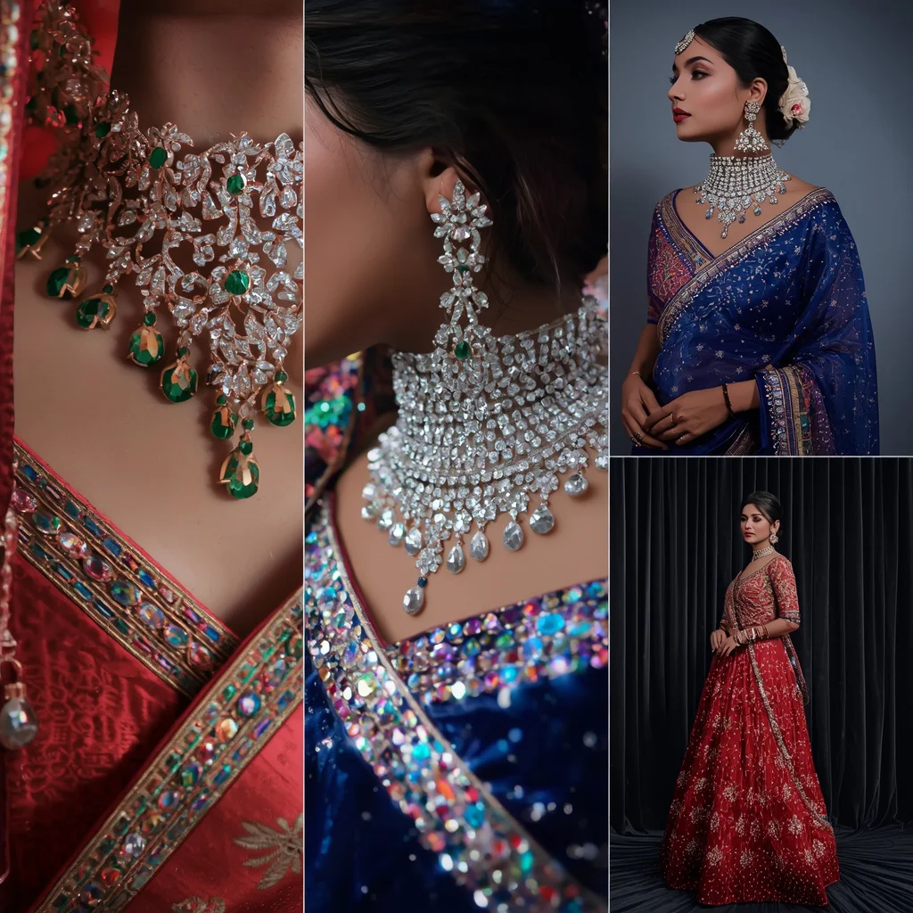 A Radiant Gemstone Cascade Collage Highlighting Opulent Indian Festive Sparkle — AI image prompt