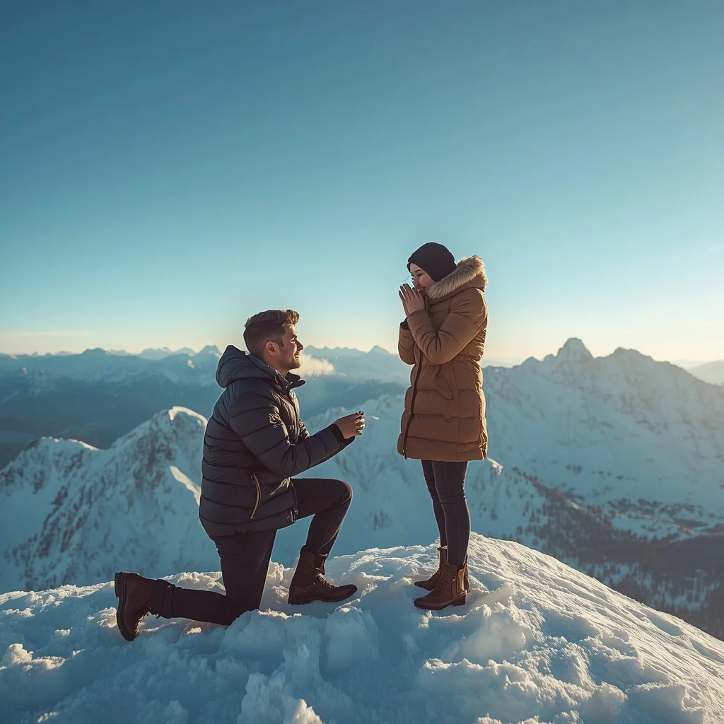A Romantic Couple's Engagement on a Snowy Mountain Peak — AI image prompt