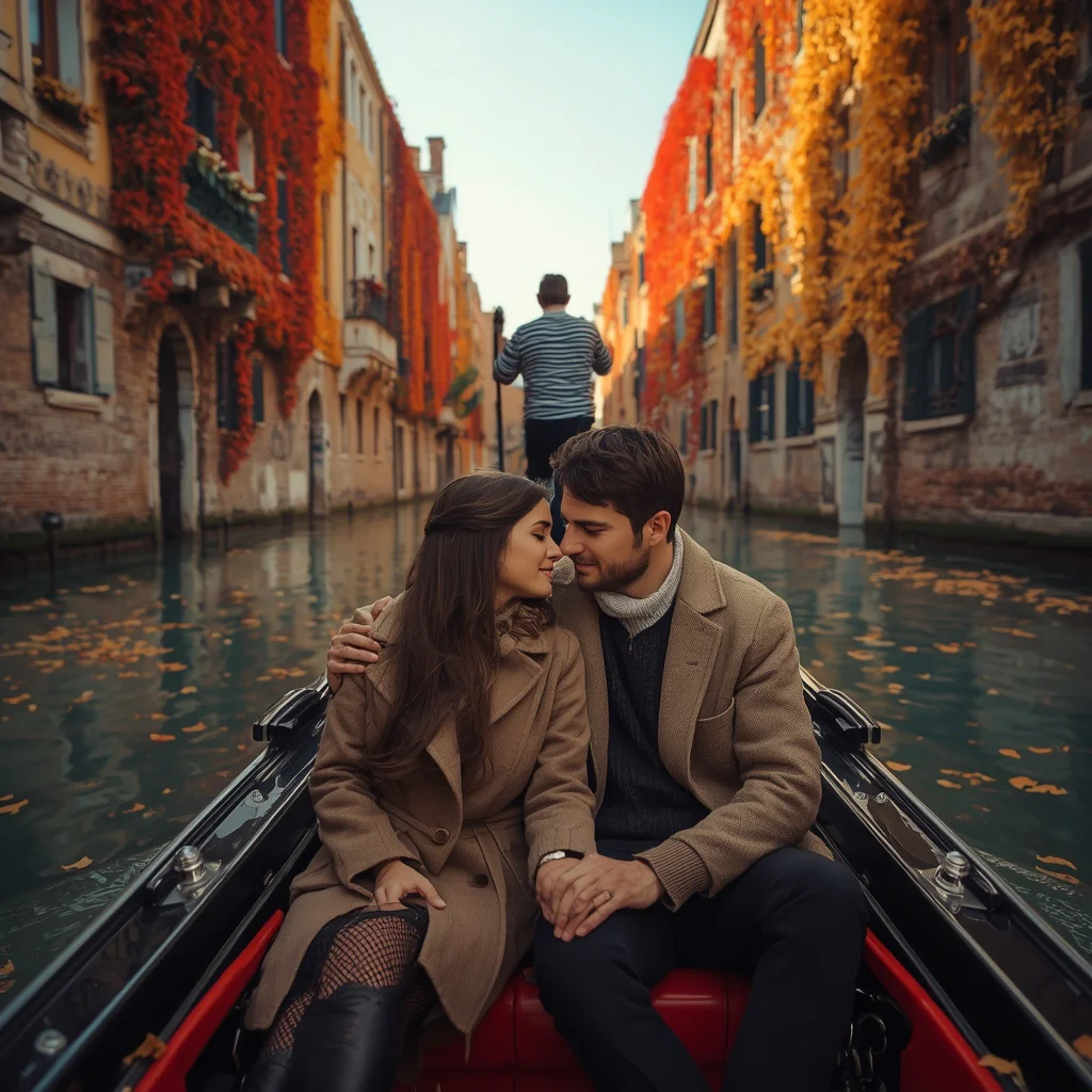 A Romantic Couple's Gondola Ride Through an Autumn Canal — AI image prompt