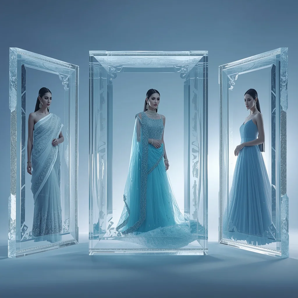 A Sculptural Ice Frame Collage Displaying Cool-Toned Indian Festive Ensembles — AI image prompt