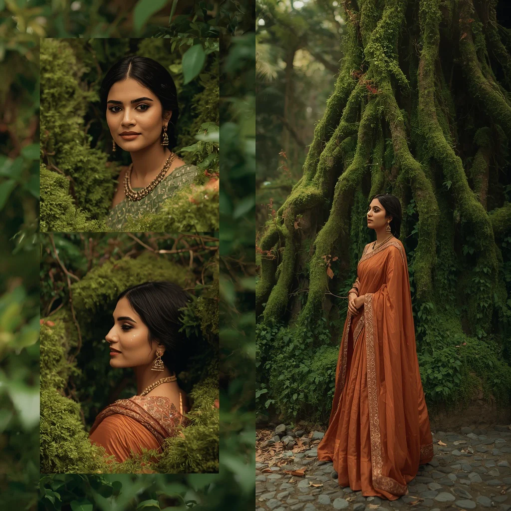 A Verdant Moss Garden Collage Featuring Earthy-Toned Indian Festive Outfits — AI image prompt