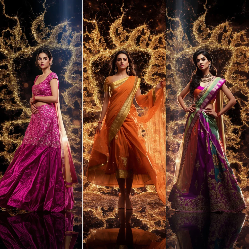 A Vivid Fractal Light Panel Collage Highlighting Dynamic Indian Festive Wear — AI image prompt