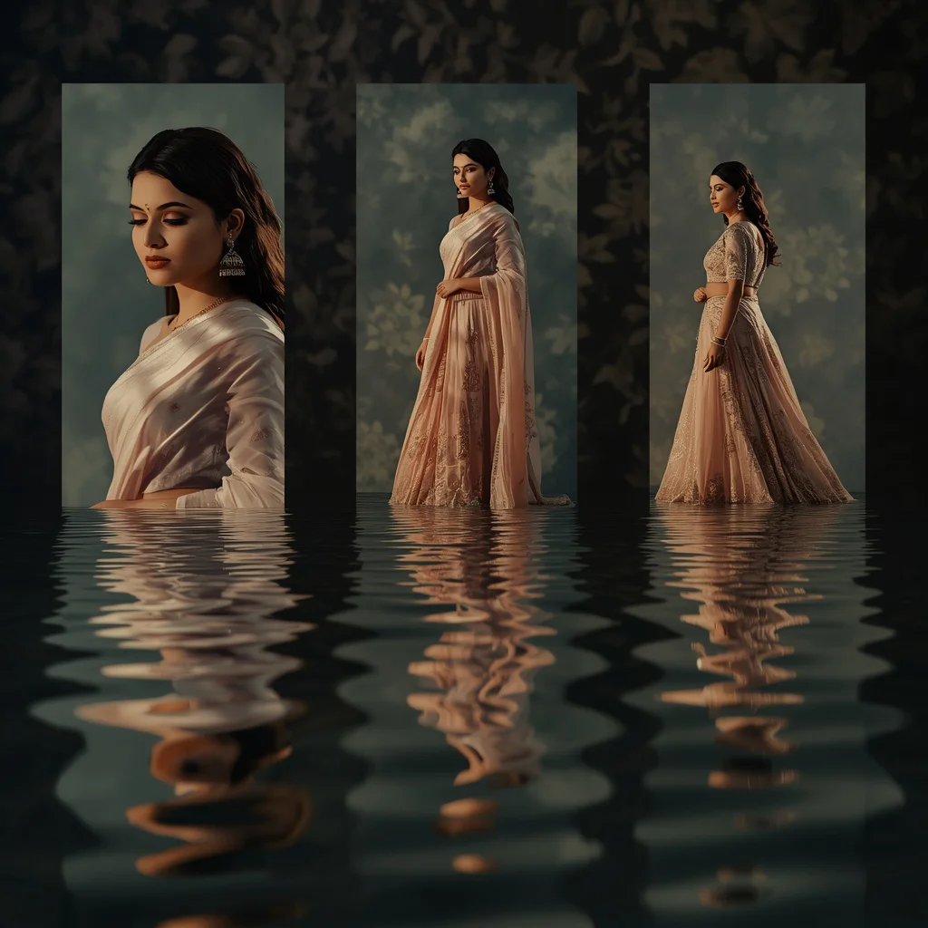 A Whispering Water Reflection Portal Collage Featuring Serene Indian Festive Passages — AI image prompt