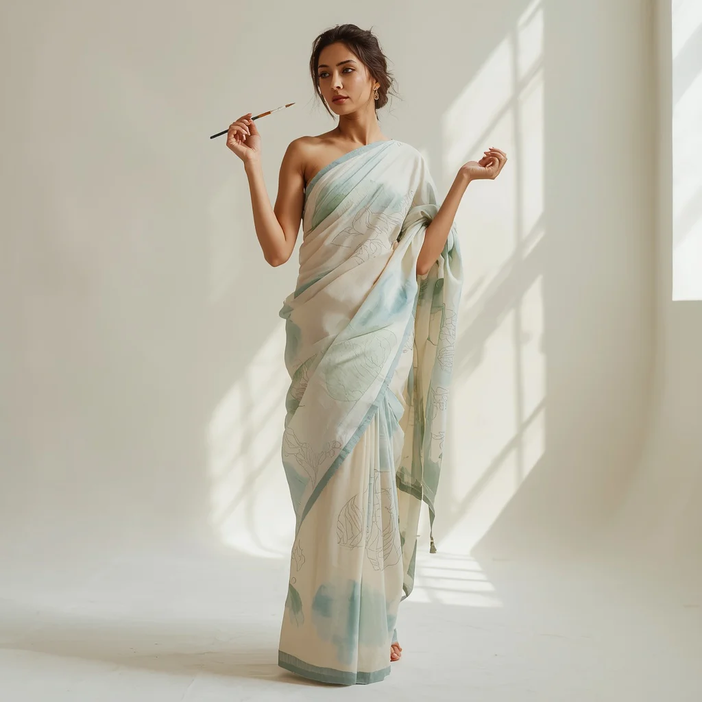 Artistic Indian Woman Posing with a Hand-painted Pastel Saree in a Studio — AI image prompt