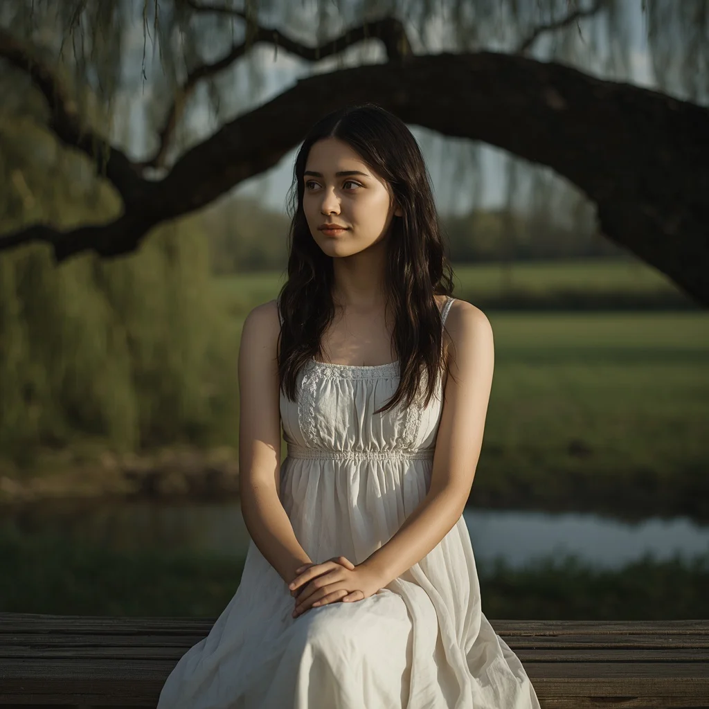 Beautiful Girl's Dreamy Gaze in a Rustic Outdoor Setting — AI image prompt