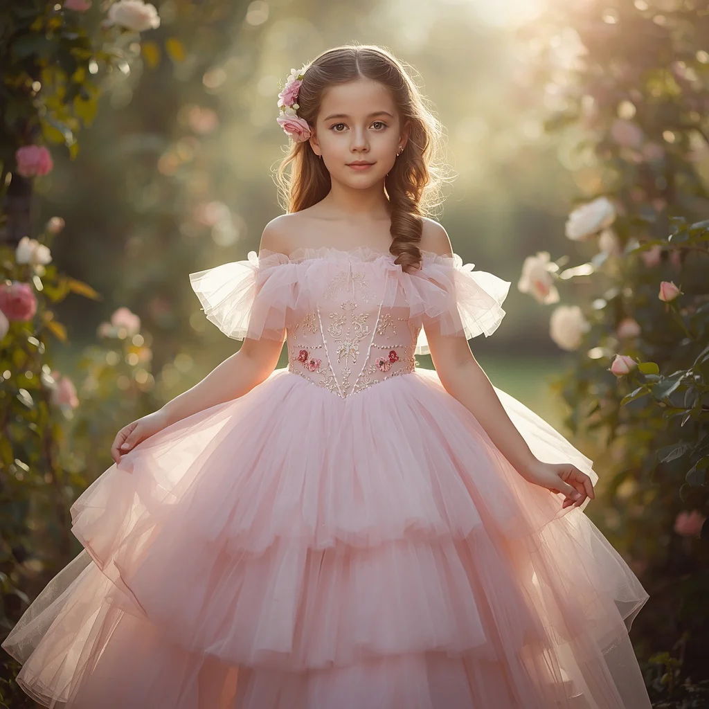 Blushing Beauty: Pastel Pink Tulle Gown Dream — AI image prompt