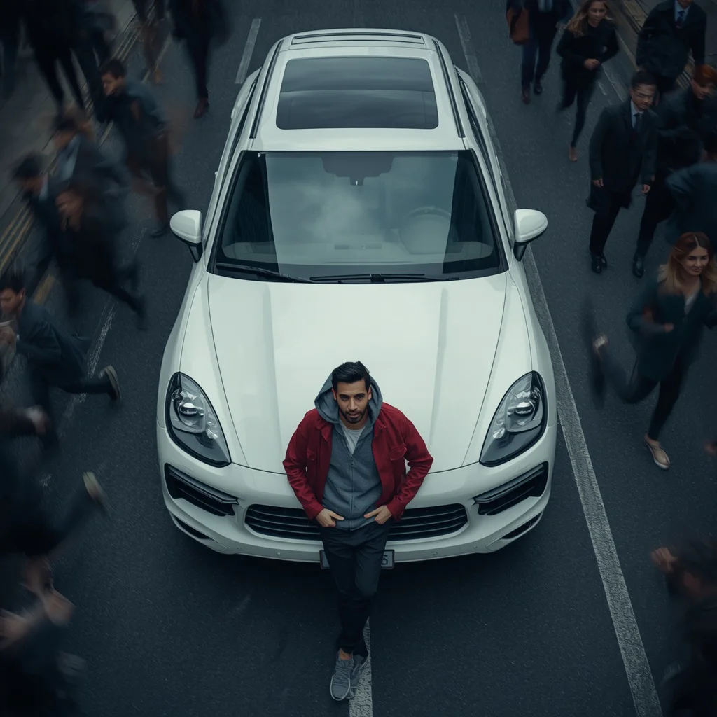 Cinematic Aerial Shot of a Man Leaning on a Porsche Cayenne — AI image prompt