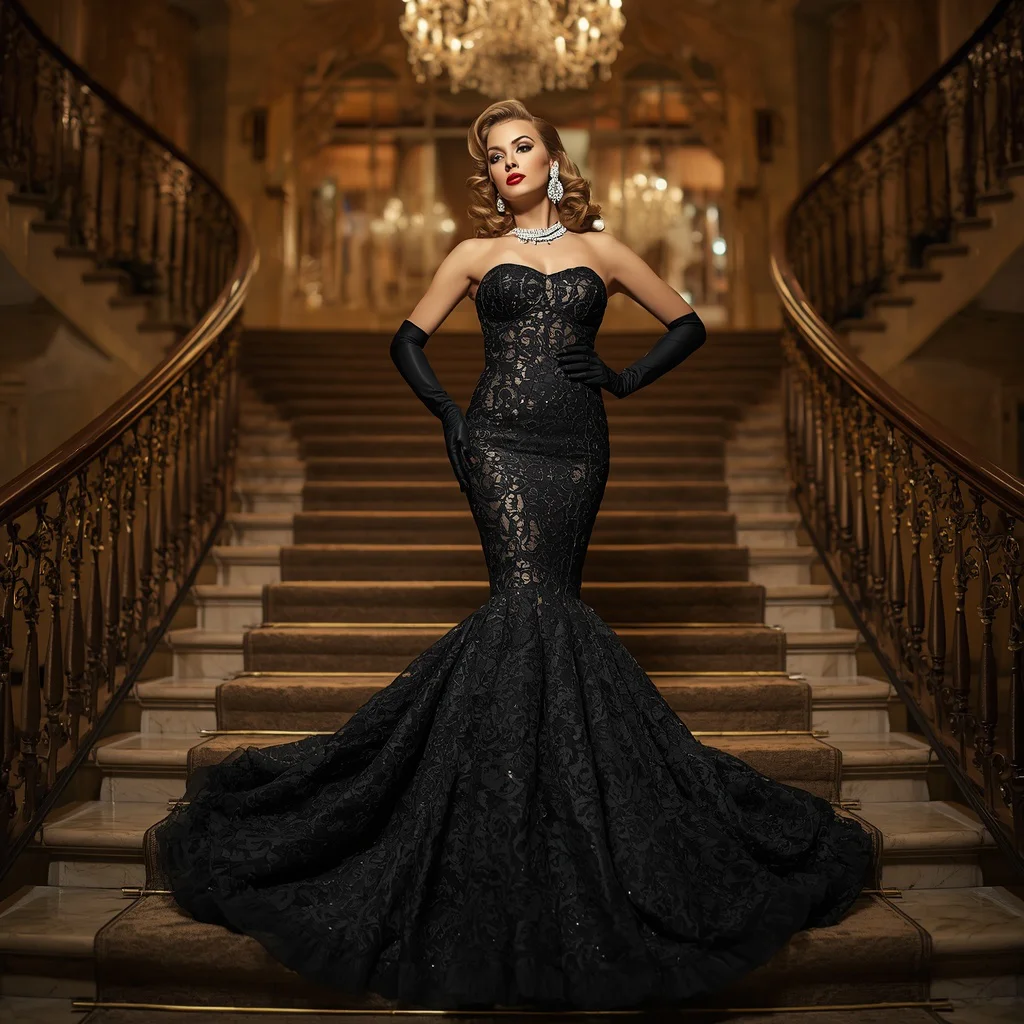 Classic Hollywood Actress in a Black Lace Mermaid Gown — AI image prompt