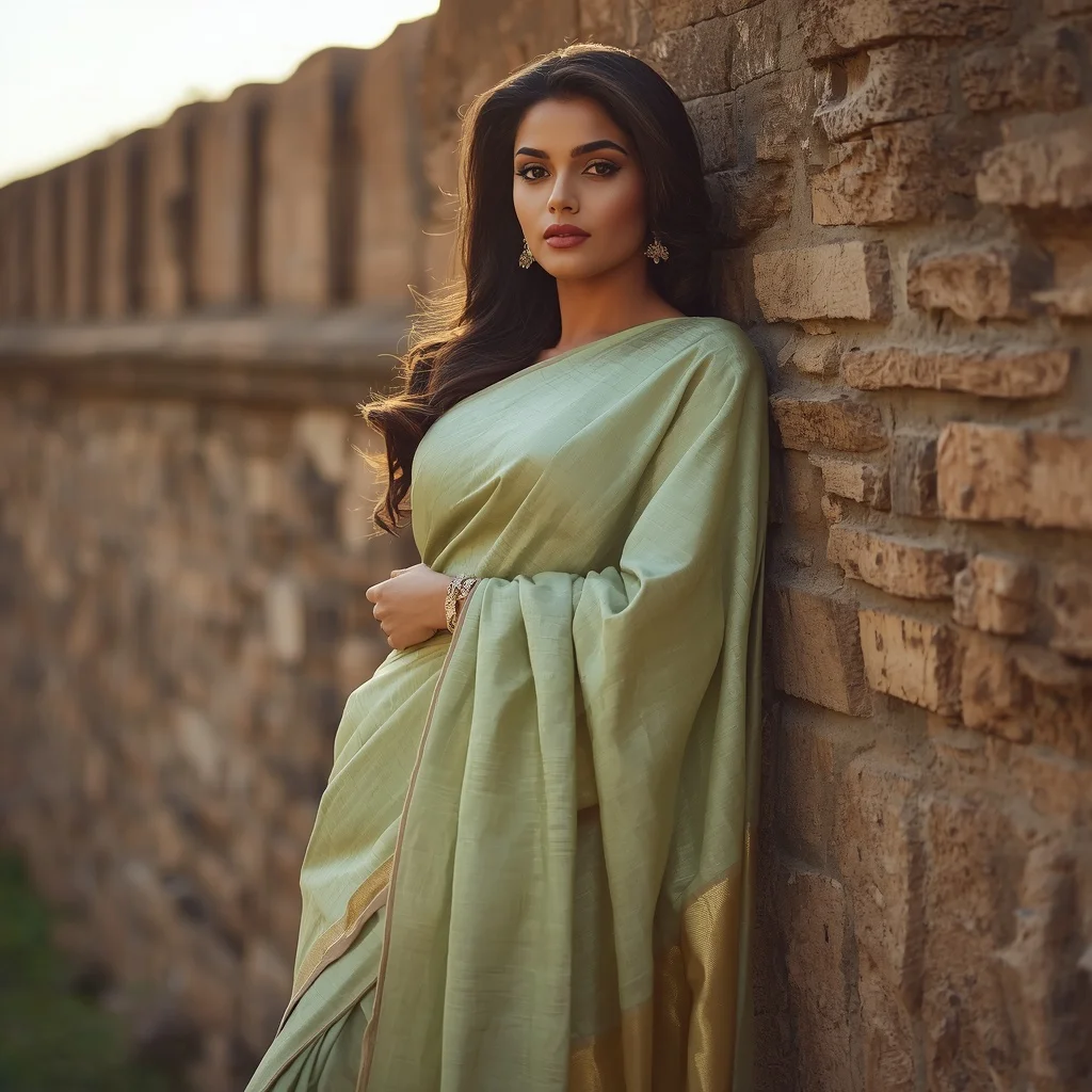 Confident Indian Woman Leaning Against a Wall in a Pastel Raw Silk Saree — AI image prompt