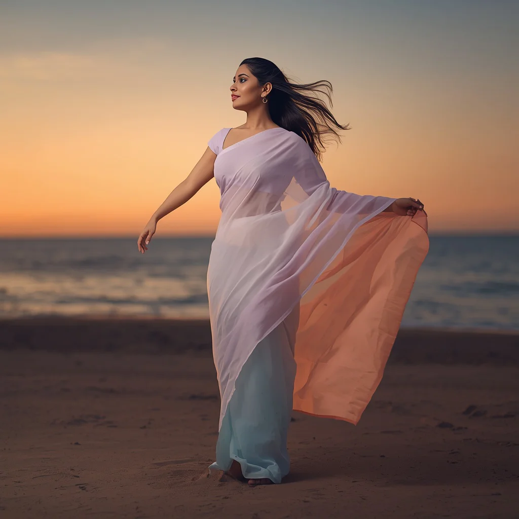Dreamy Indian Woman Gazing at Horizon in a Pastel Ombre Saree at Sunset — AI image prompt