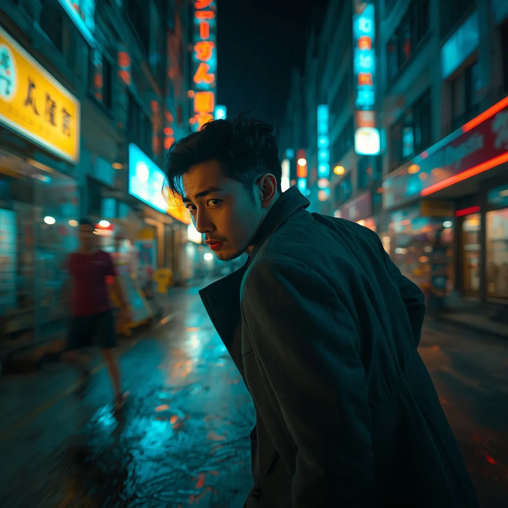 Dynamic Urban Night Portrait of a Man Under Neon Lights — AI image prompt