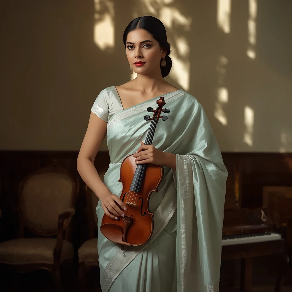 Elegant Indian Woman with a Violin in a Pastel Uppada Silk Saree Serene — AI image prompt