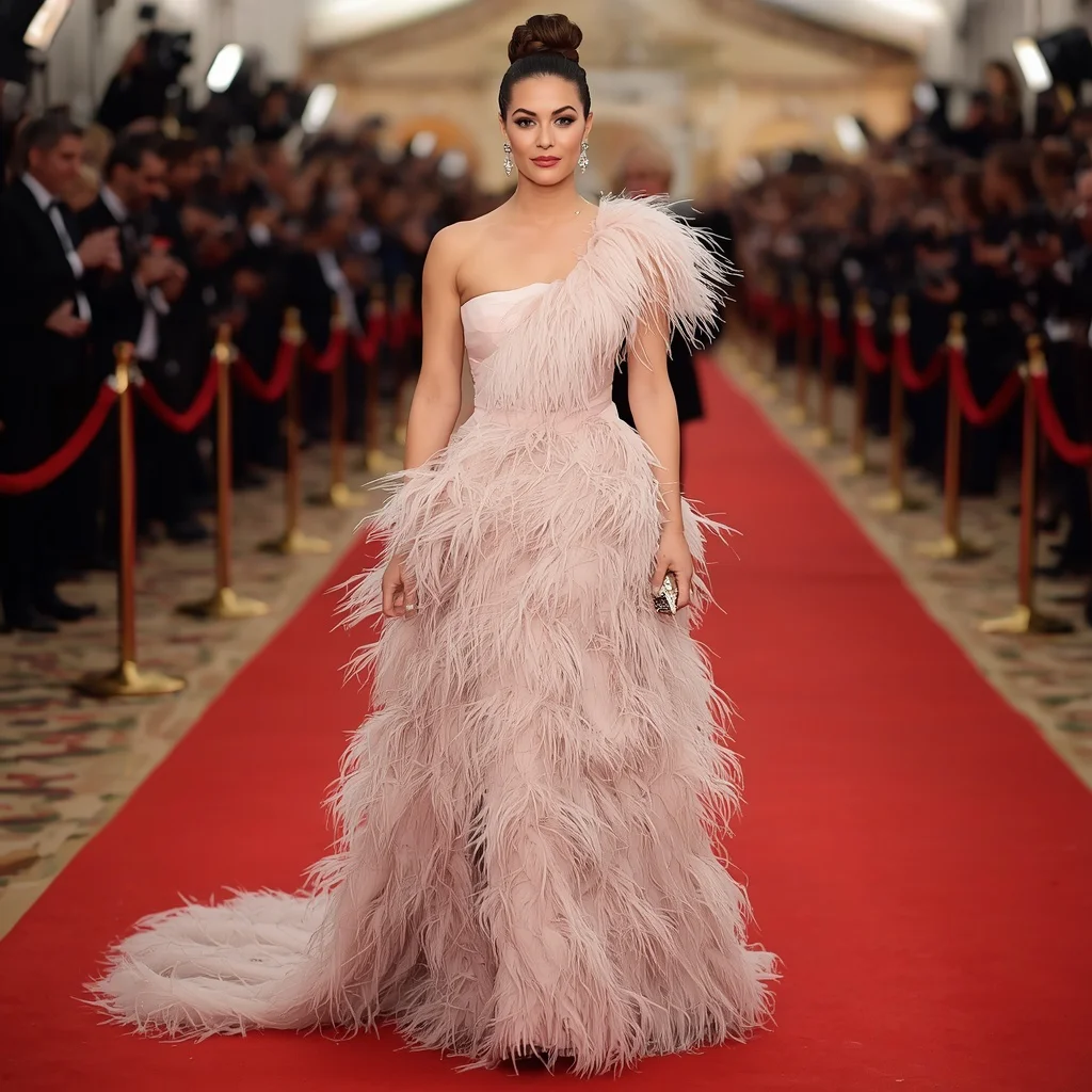 Glamorous Hollywood Actress on a Red Carpet in a Feathery Gown — AI image prompt