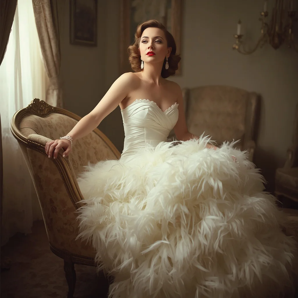 Glamorous Old Hollywood Starlet in a Feather Gown — AI image prompt