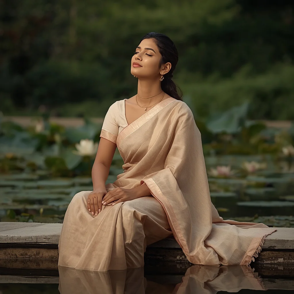 Graceful Indian Woman Reflecting by a Pond in a Pastel Tussar Silk Saree — AI image prompt