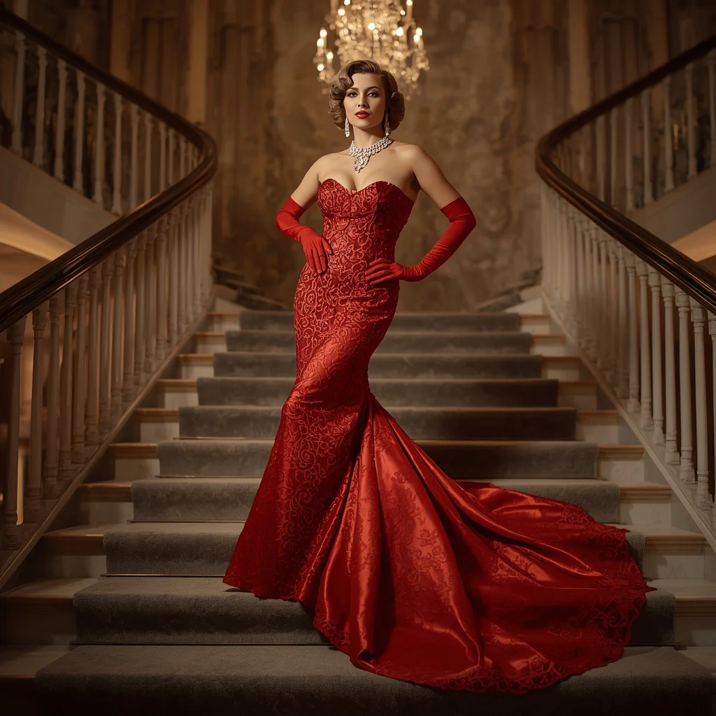 Hollywood Golden Age Actress in a Red Lace Mermaid Gown — AI image prompt