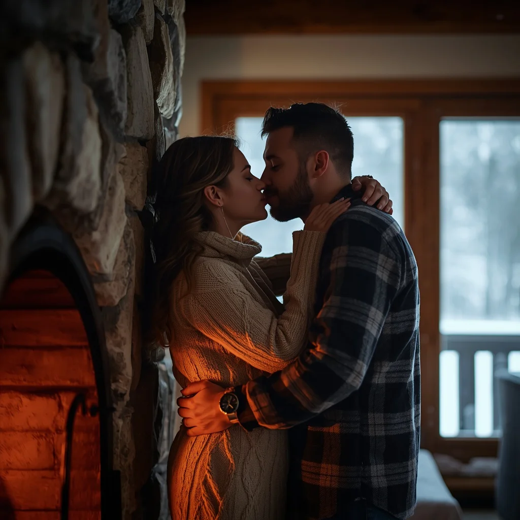 Intimate Couple Embracing in a Snowy Mountain Chalet — AI image prompt