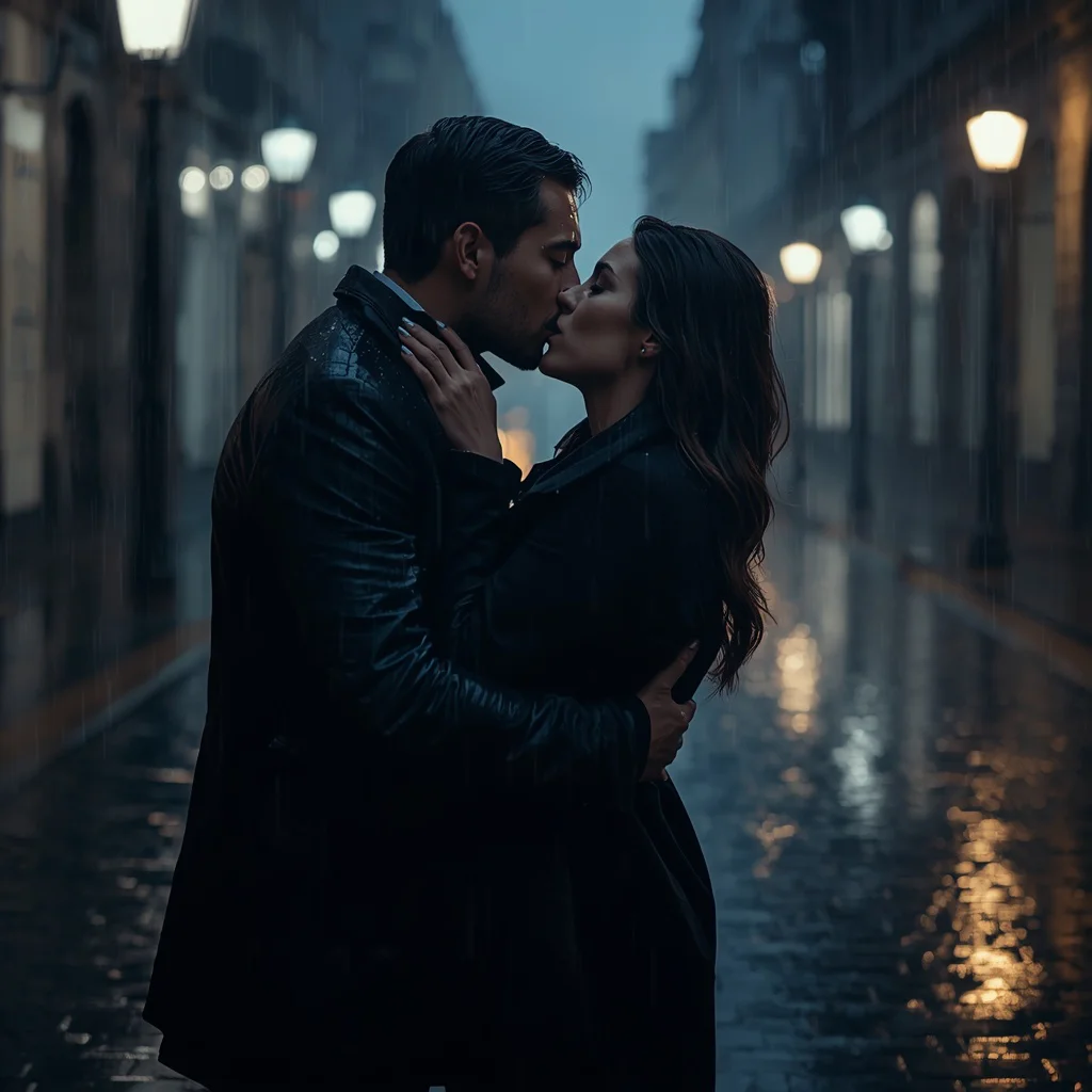 Intimate Couple Embracing on a Cobblestone Street in Rain — AI image prompt