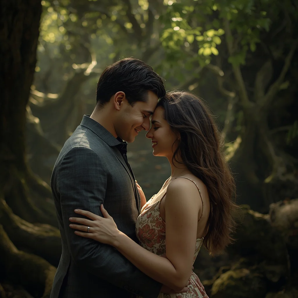 Intimate Couple Sharing a Secret in a Whispering Grove — AI image prompt
