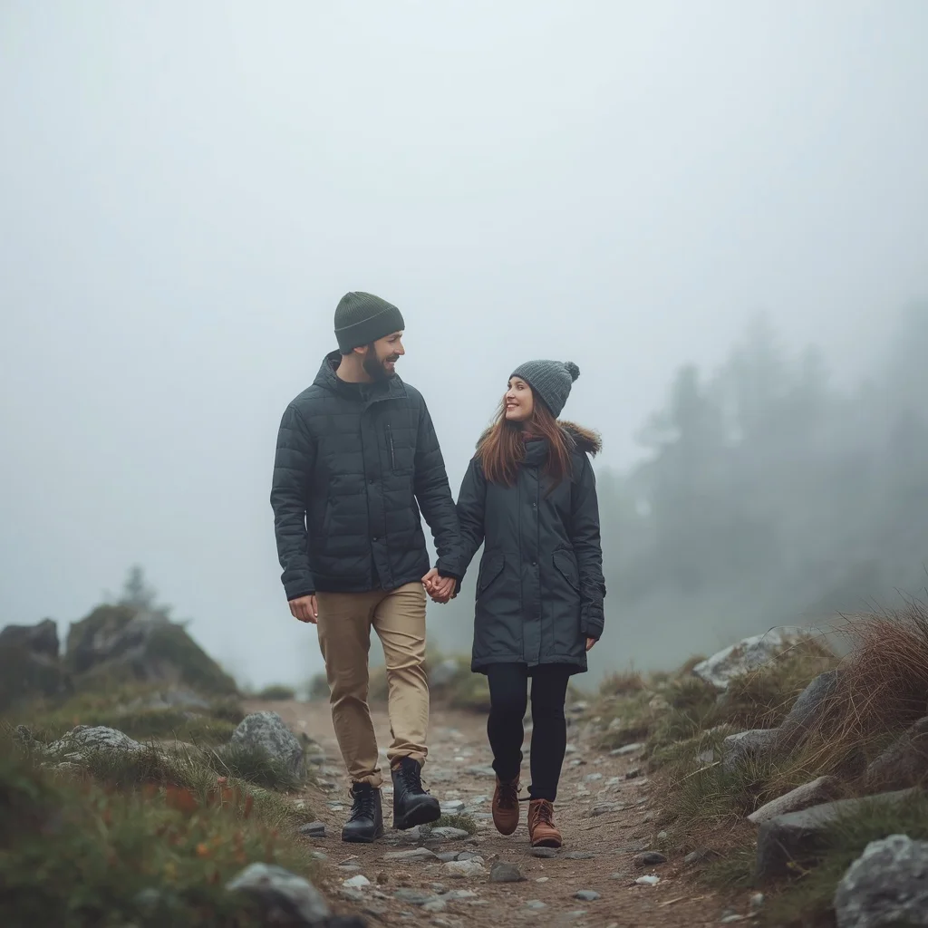 Intimate Couple Sharing a Stroll on a Misty Mountain Path — AI image prompt