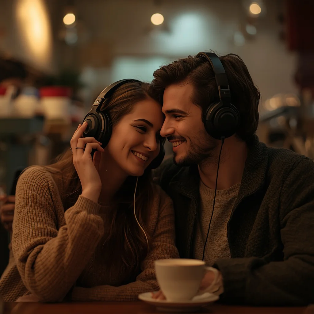 Intimate Couple Sharing Headphones in a Cozy Cafe — AI image prompt