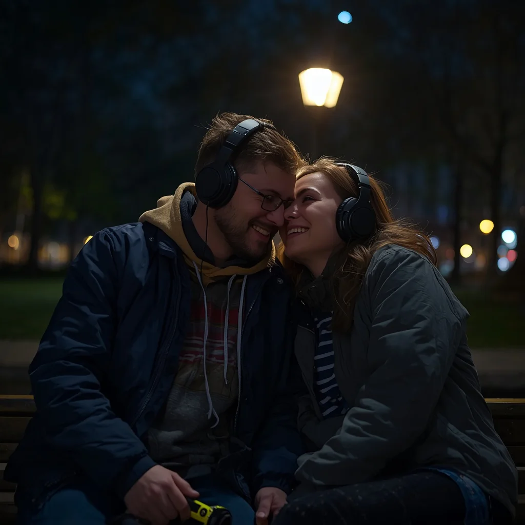 Intimate Couple Sharing Headphones on a City Bench at Night — AI image prompt