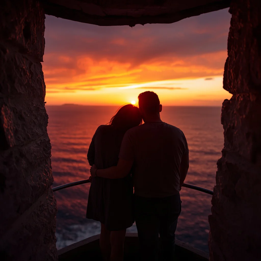 Intimate Couple Watching a Sunset from a Lighthouse — AI image prompt