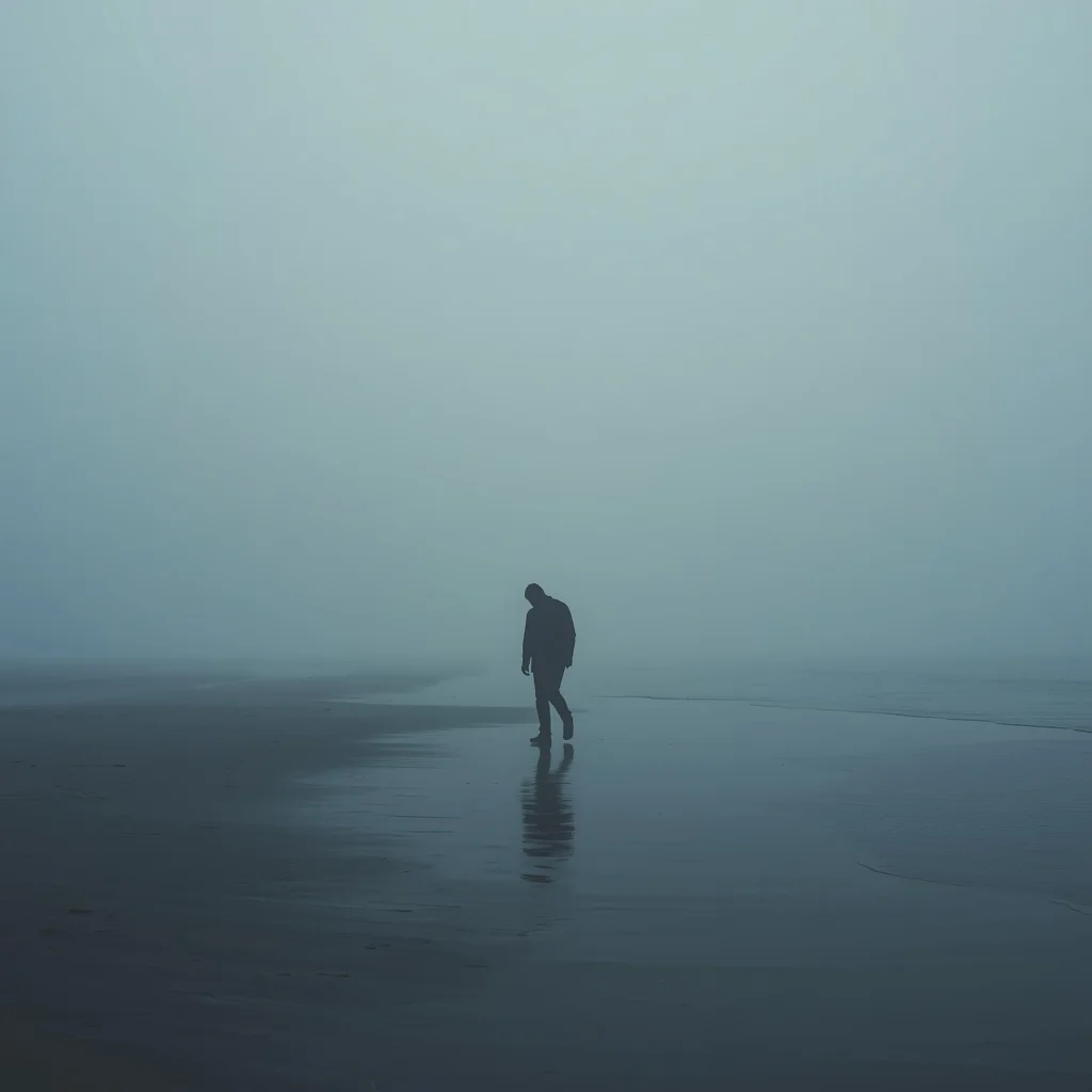Introspective Man Walking Alone on a Foggy Beach — AI image prompt
