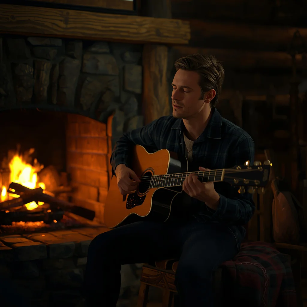 Introspective Musician in a Rustic, Firelit Cabin — AI image prompt