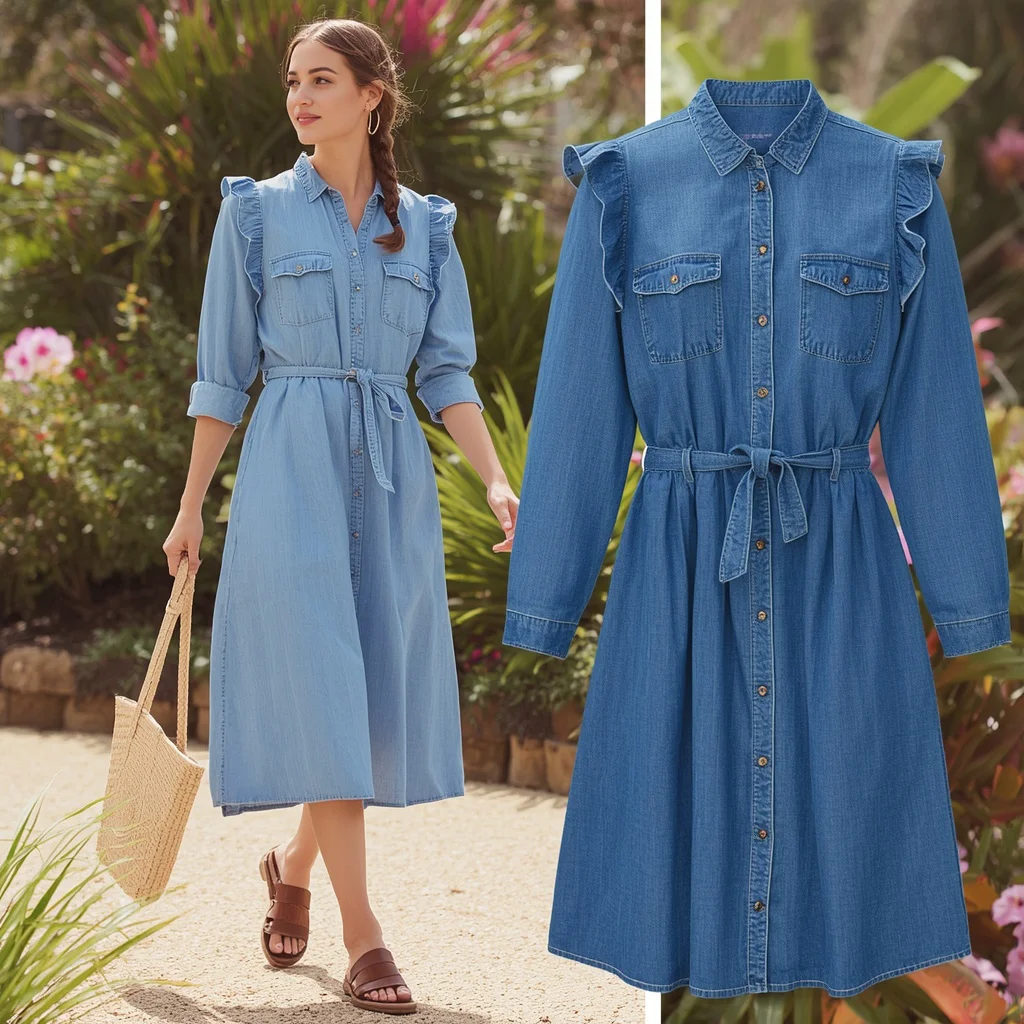 Latest Fashion: Western-Inspired Denim Shirtdress with Belt and Pockets — AI image prompt