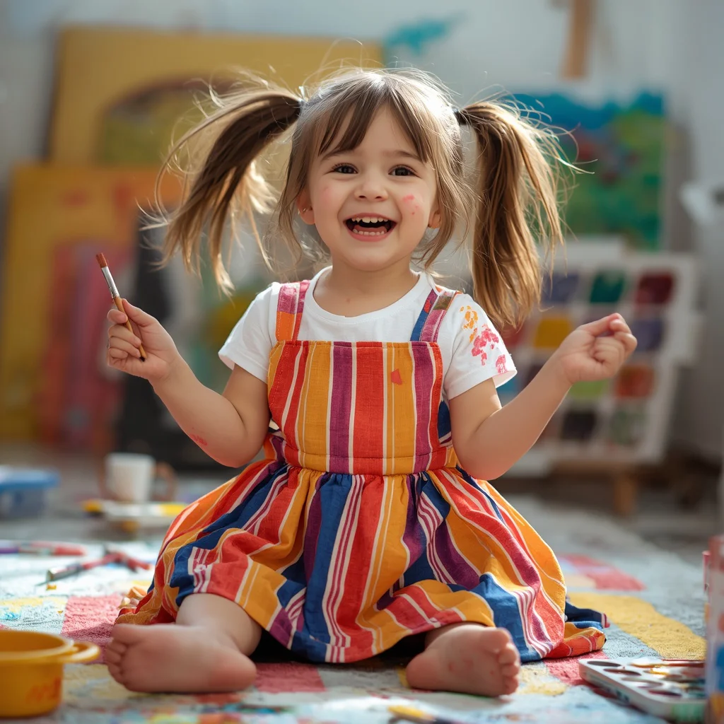 Little Artist: A Cute Girl in a Playful Smock Dress — AI image prompt