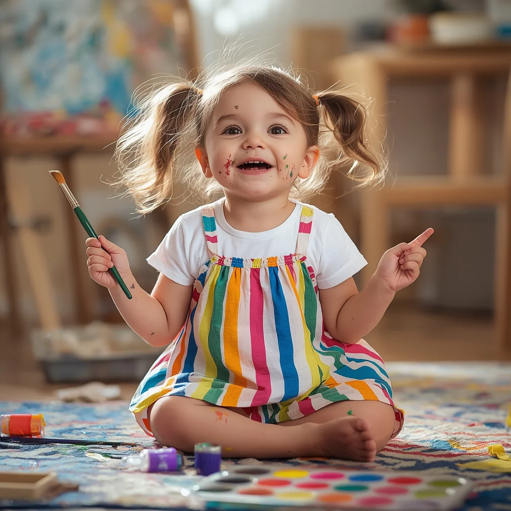 Little Artist: A Cute Girl in a Playful Smock Dress — AI image prompt
