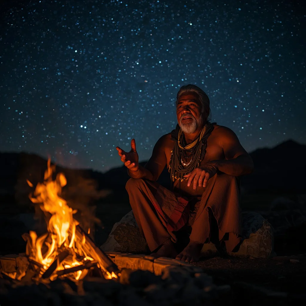Man as an Indigenous Storyteller by a Campfire Under a Starry Sky — AI image prompt