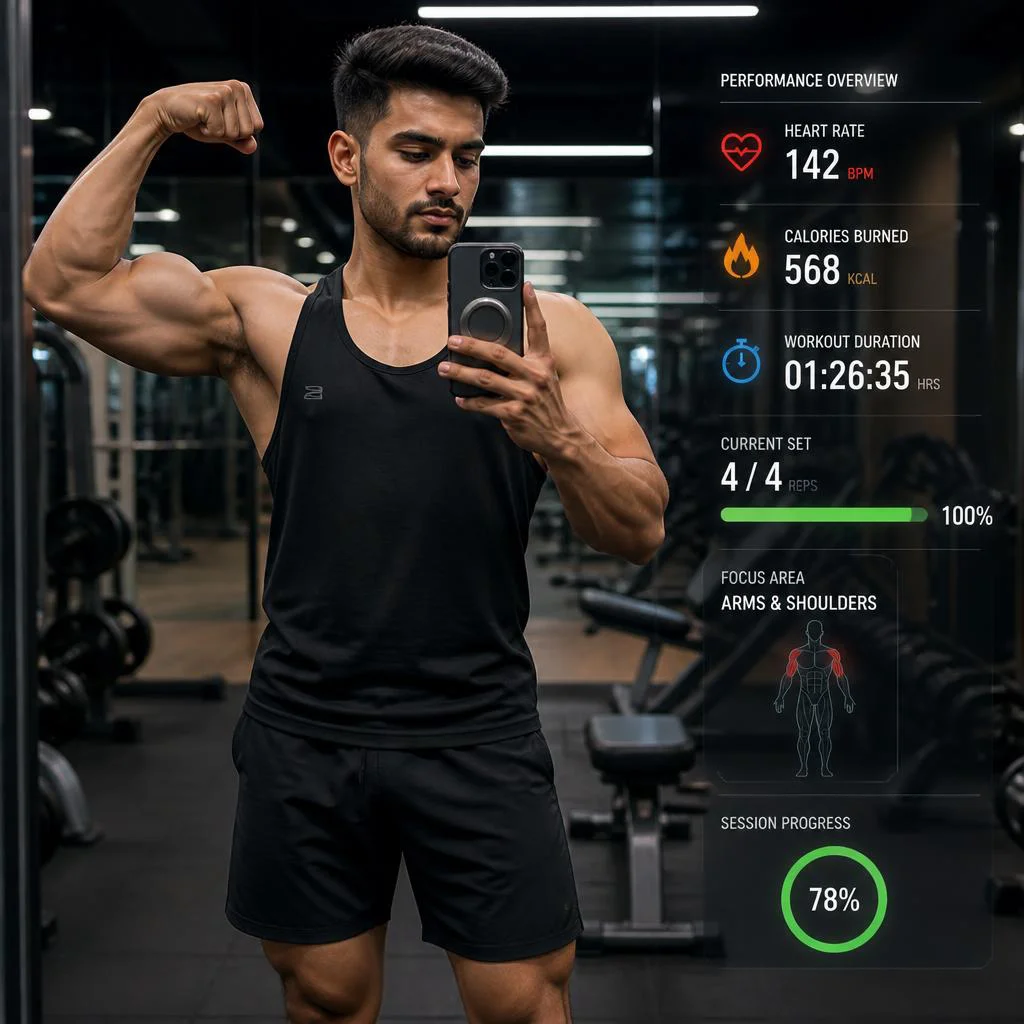 Man's Bold Gym Mirror Selfie with Performance UI — AI image prompt