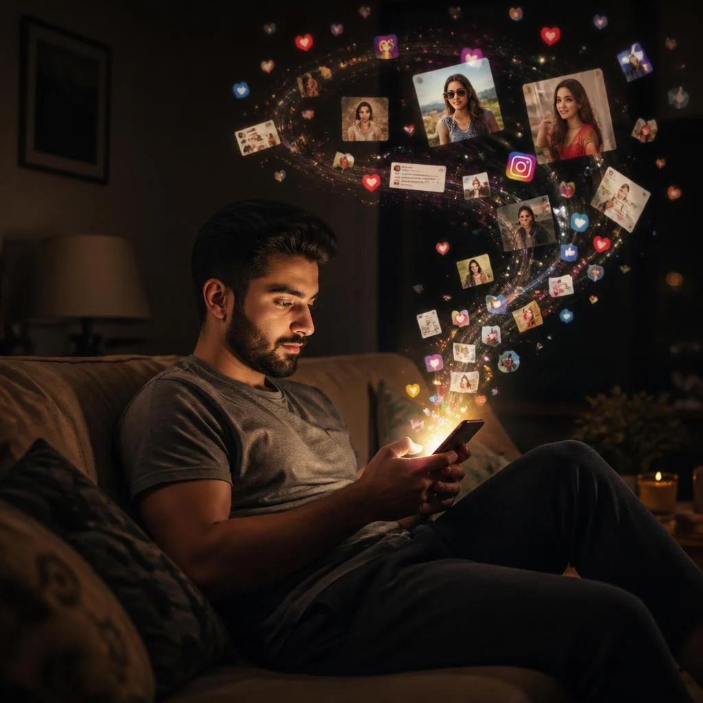 Man's Contemplative Evening with Digital Memory Stream — AI image prompt