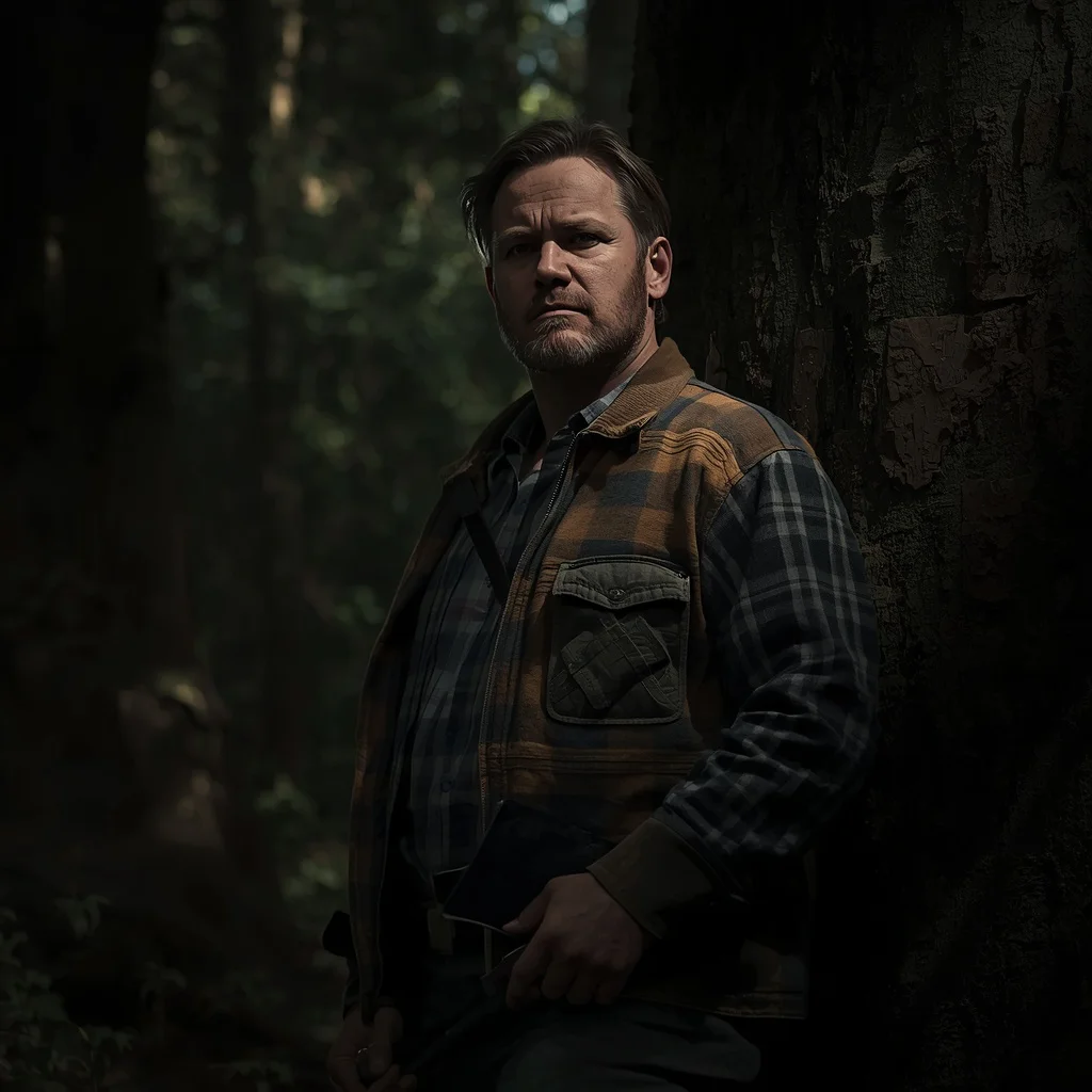 Man's Moody Forest Explorer Portrait with Axe — AI image prompt