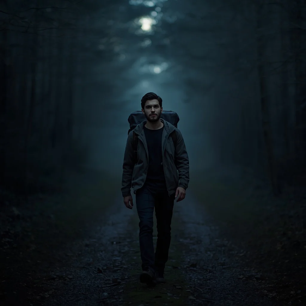 Man's Moody Forest Path Solitude — AI image prompt