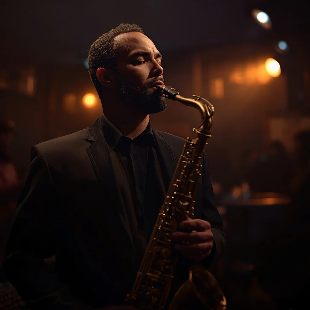 Man's Moody Jazz Club Portrait with Saxophone — AI image prompt