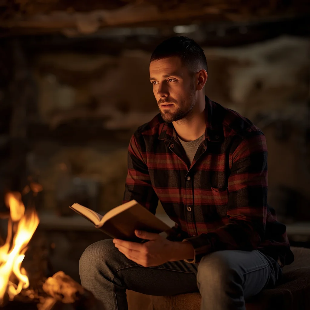 Man's Reflective Cabin in the Woods Portrait — AI image prompt